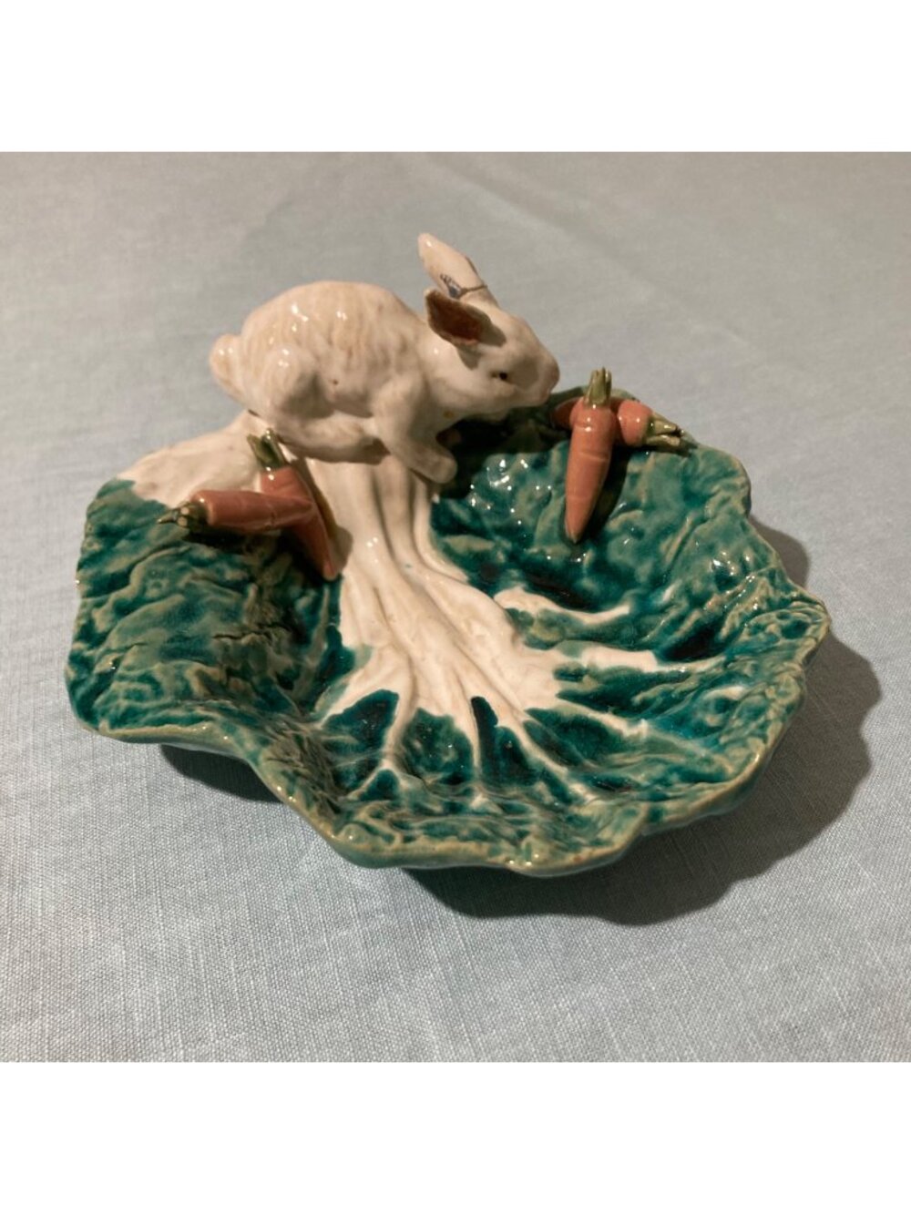 Vintage Majolica Bunny Rabbit On Cabbage Leaf Dish